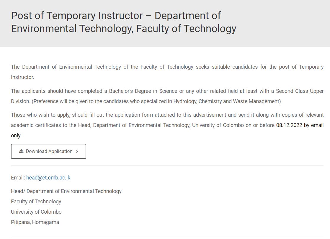 Temporary Instructor - University of Colombo