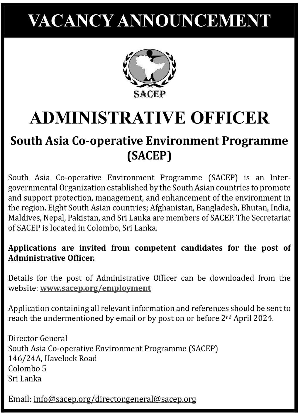 Administrative officer - South Asia co-operative environment programme