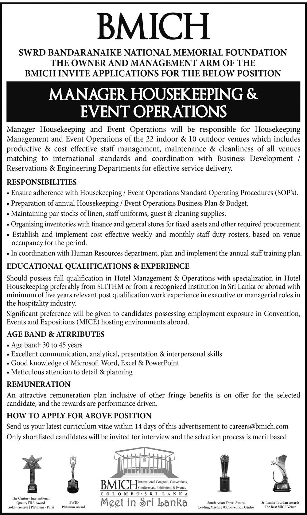 Manager - Housekeeping and Event operations - BMICH