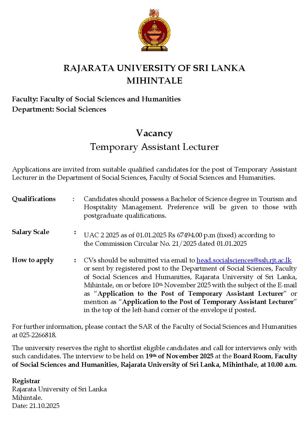 Temporary Assistant Lecturer - Rajarata University of Sri Lanka