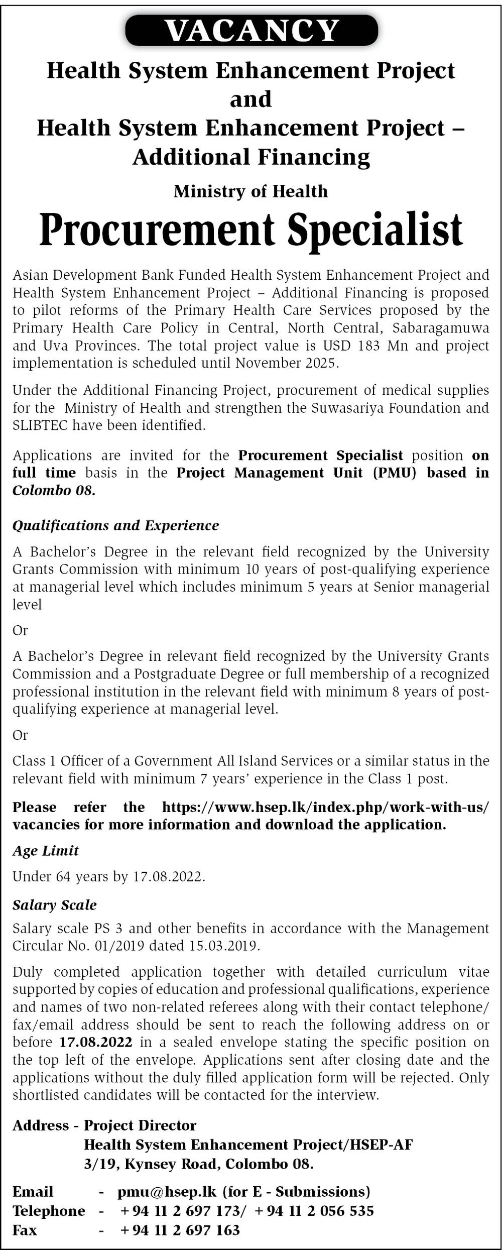 Procurement Specialist - Ministry of Health