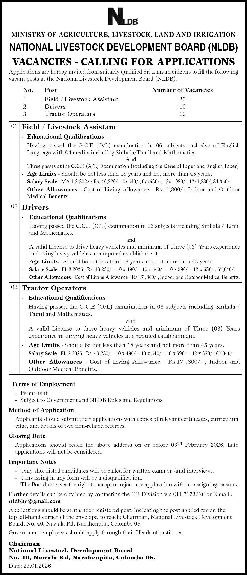 Field - Livestock Assistant, Drivers,  Tractor Operators - National Livestock Development Board