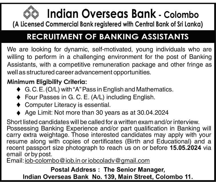 Banking Assistants - Indian Overseas Bank - Colombo