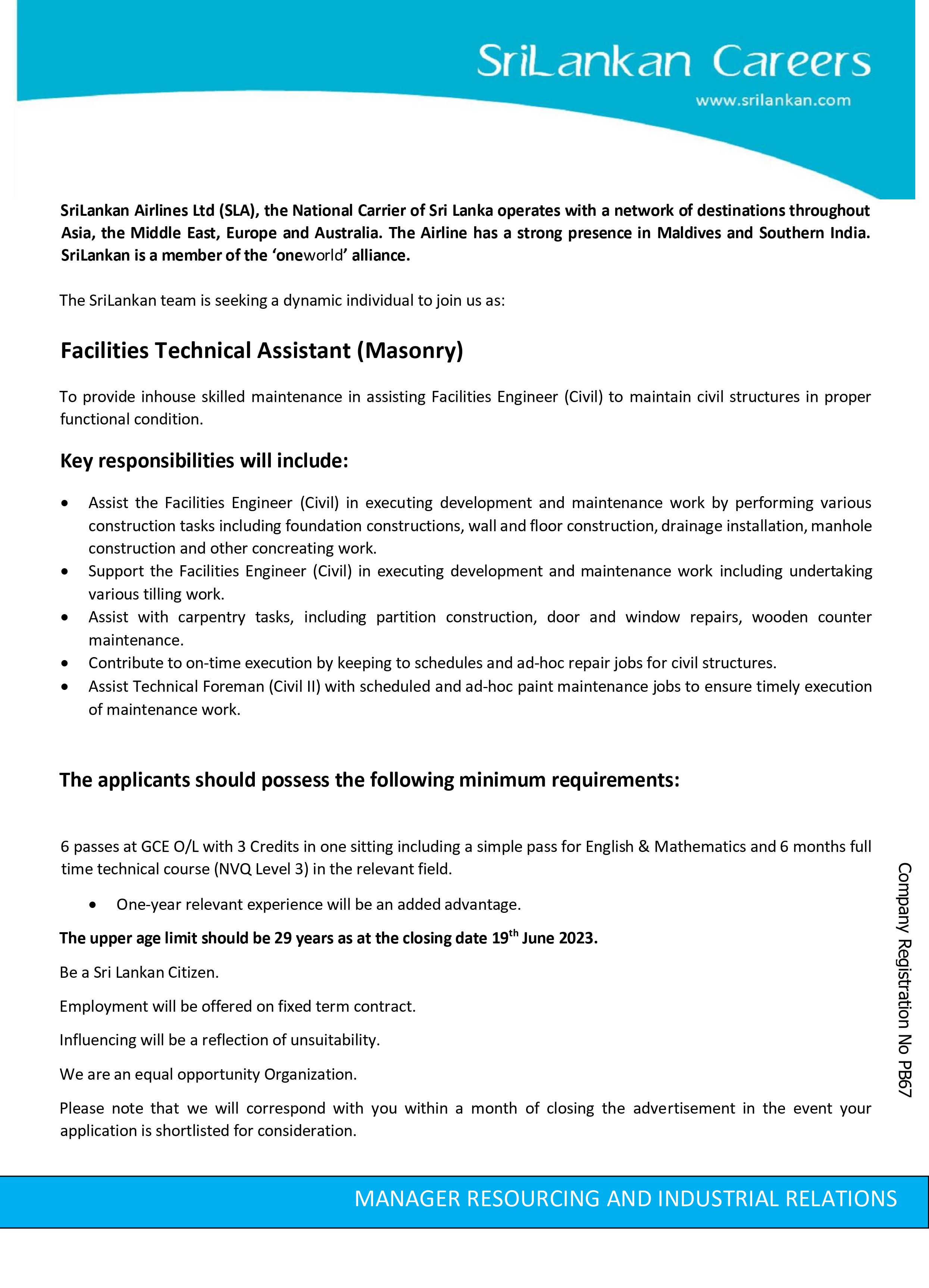 Facilities Technical Assistant - Sri Lankan Airlines