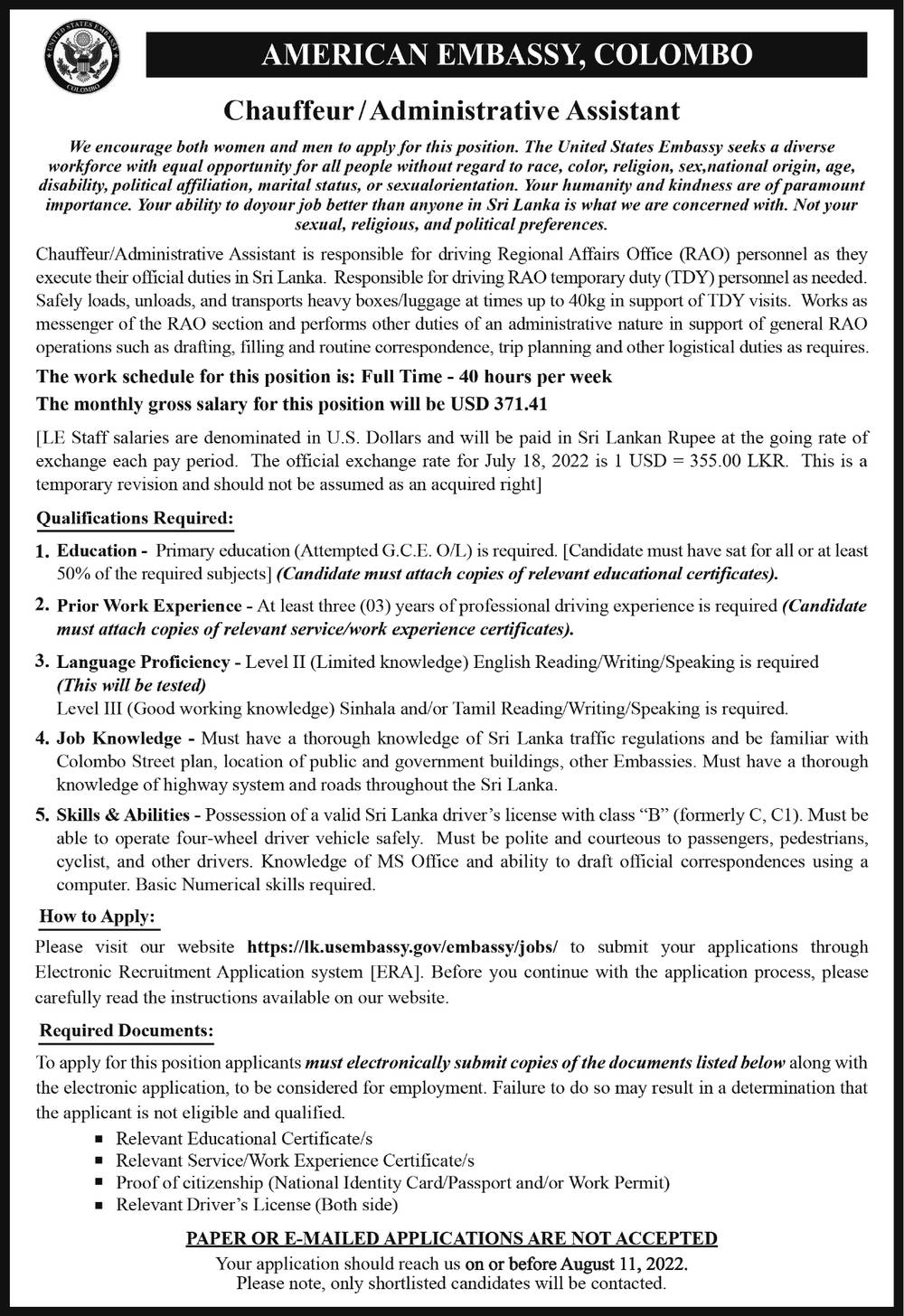 Administrative Assistant - American Embassy, Colombo