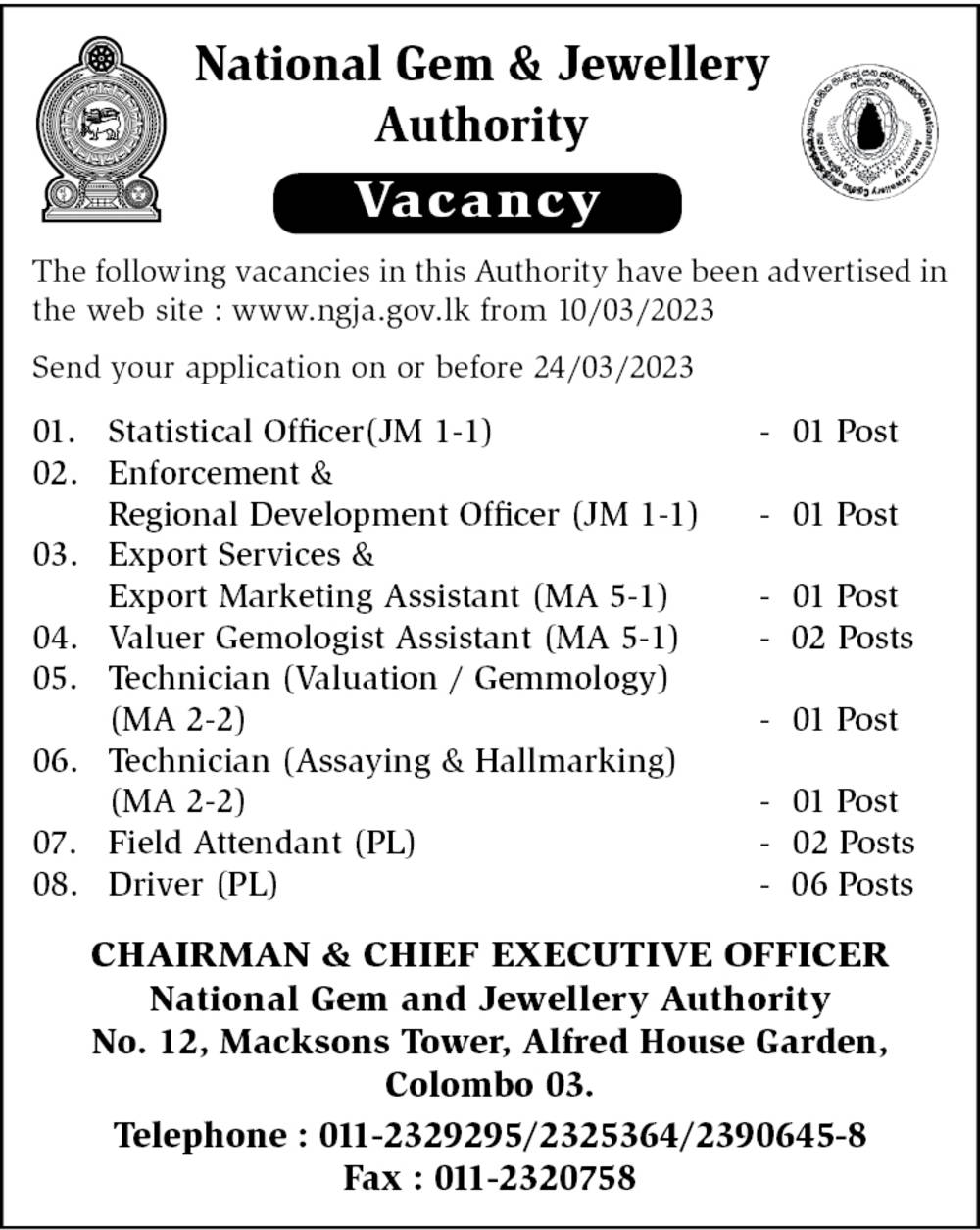 Statical Officer, Enforcement and Regional Development officer and eight vacansis - National Gem and Jewellery Authority