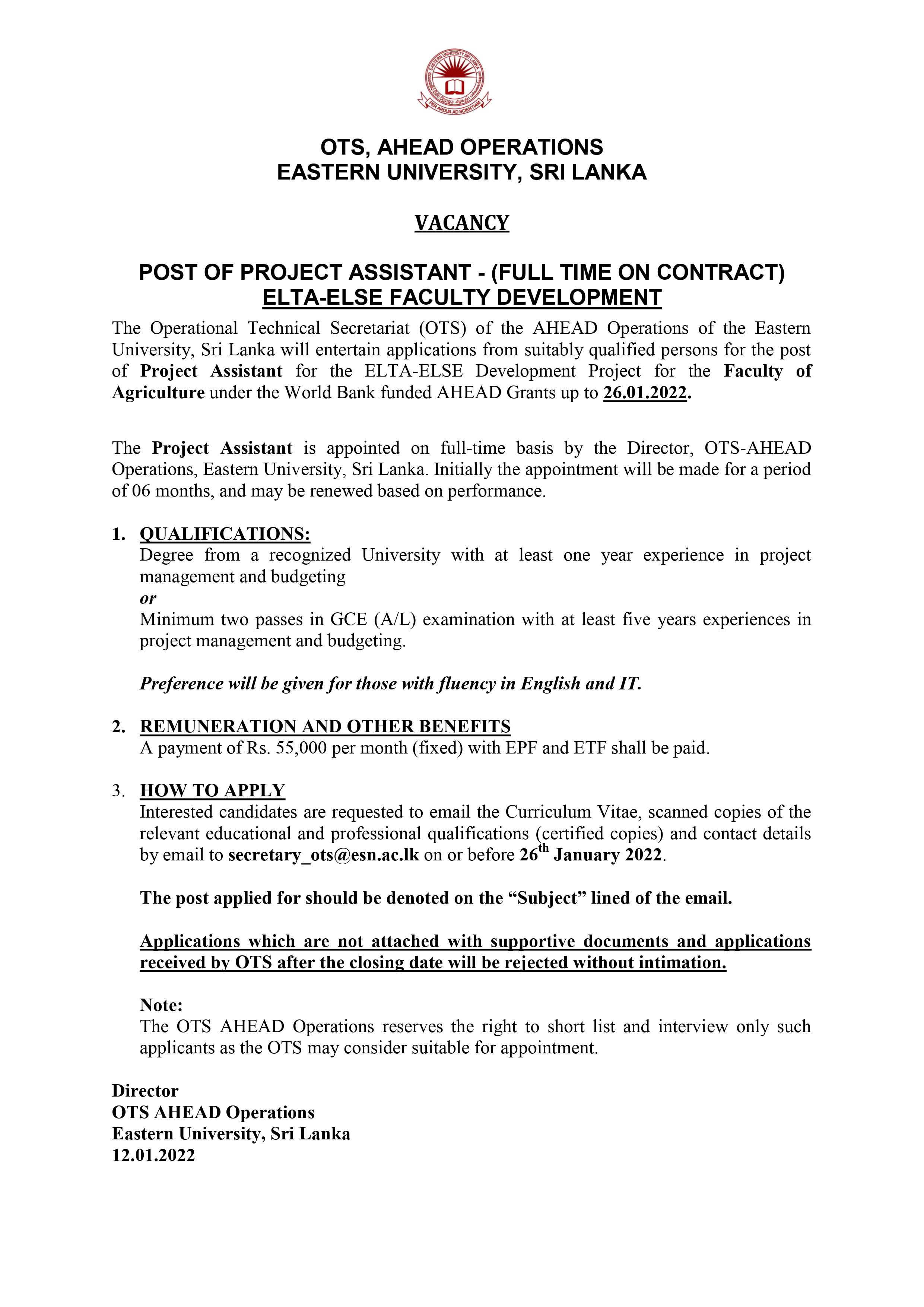 Project Assistant - Eastern University 