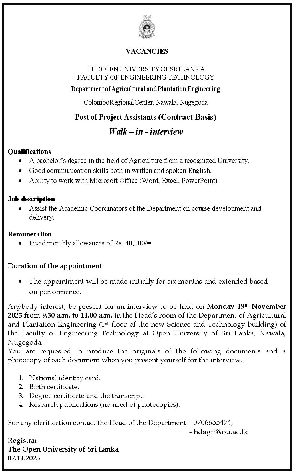 Project Assistant - Open university of sri lanka
