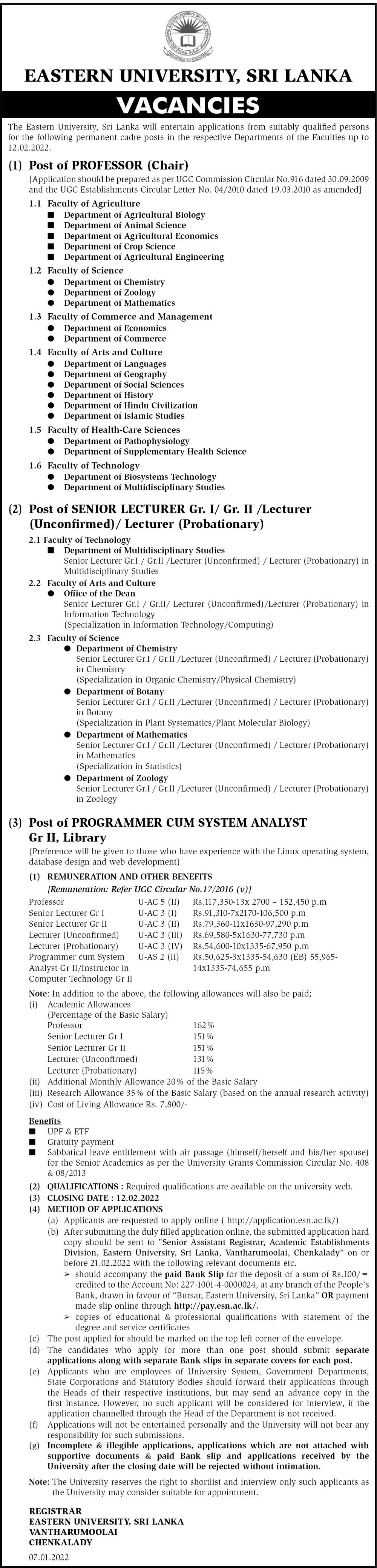 Professor, Senior Lecturer, Lecturer, Programmer Cum System Analyst - Eastern University,  Sri Lanka
