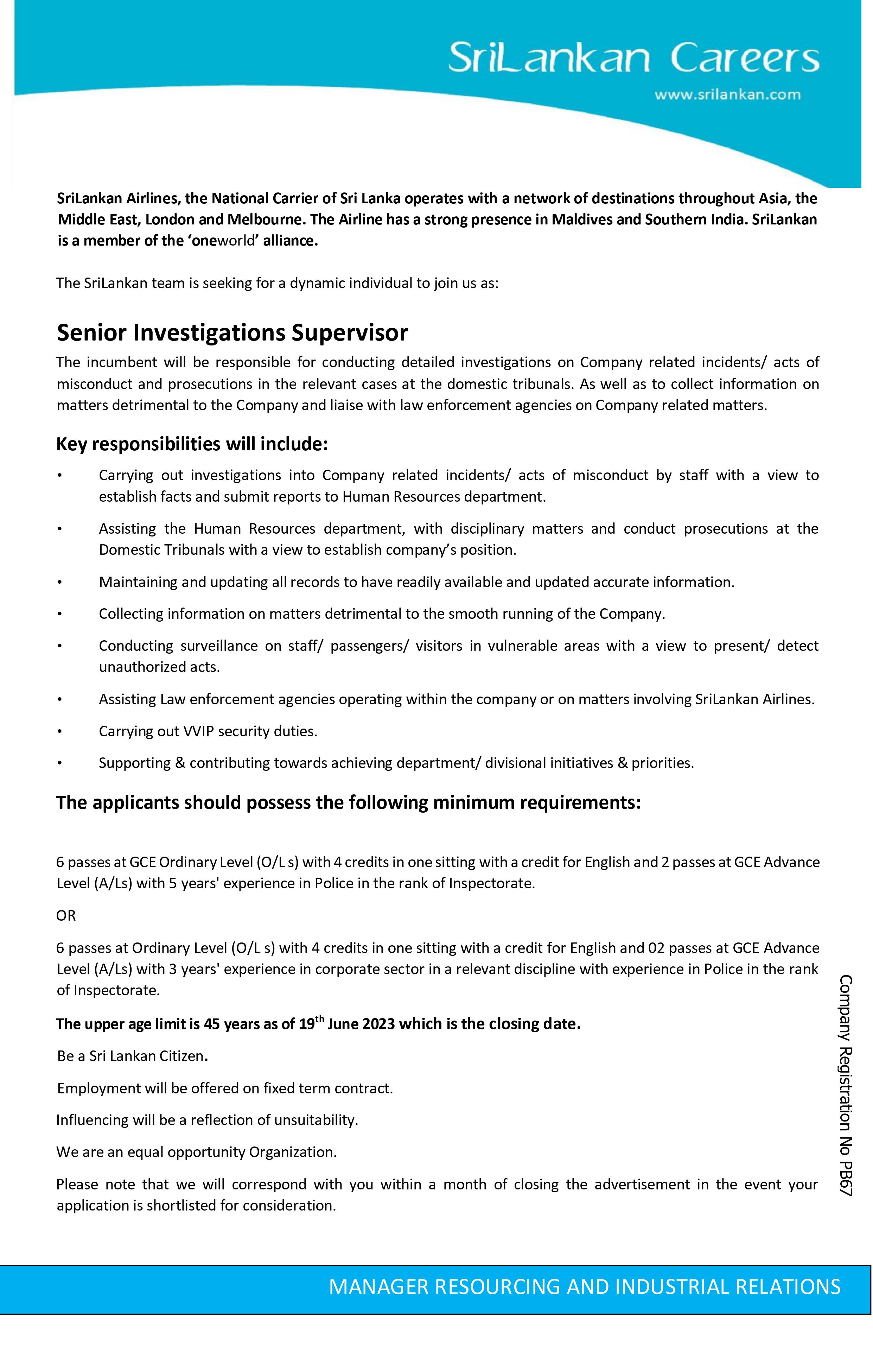 Senior Investigations Supervisor - Sri Lankan Air Lines