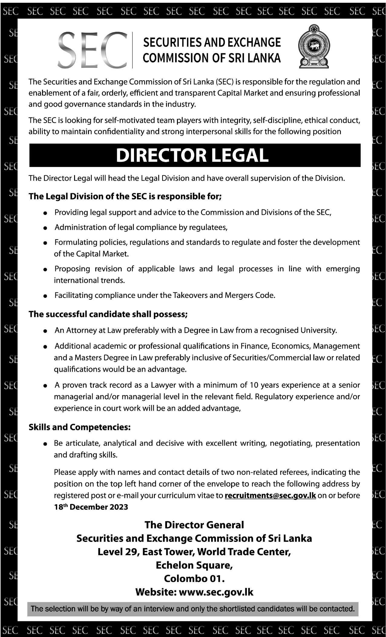 Director Legal - Securities and exchange commission of Sri Lanka