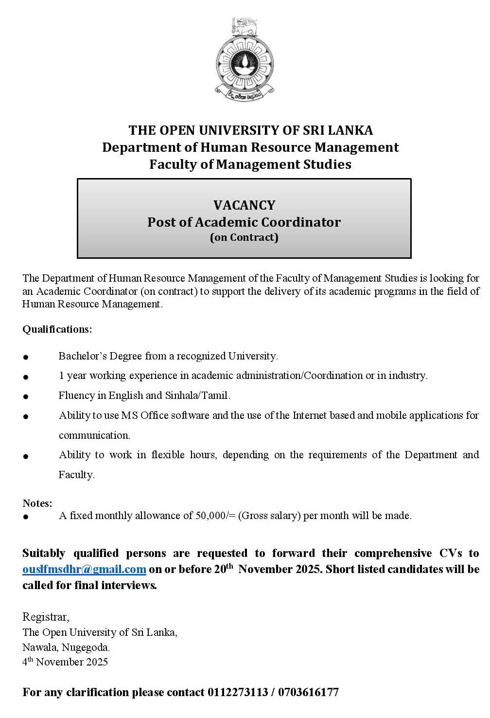 Academic Coordinator - The Open university of sri lanka