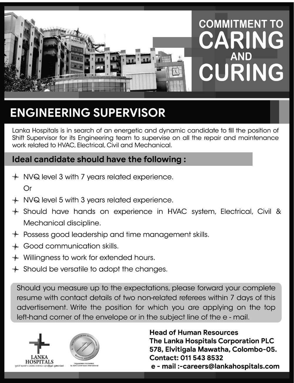 Engineering Supervisor - The Lanka Hospitals corporation plc