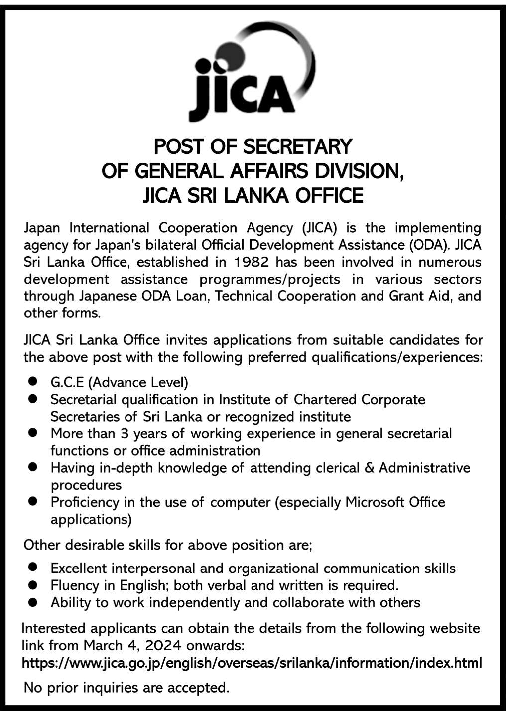Secretary - Jica Sri Lanka Office
