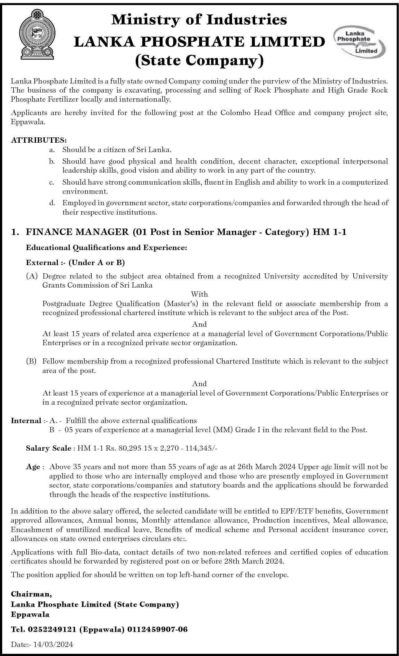finance Manager - Lanka phosphate limited 