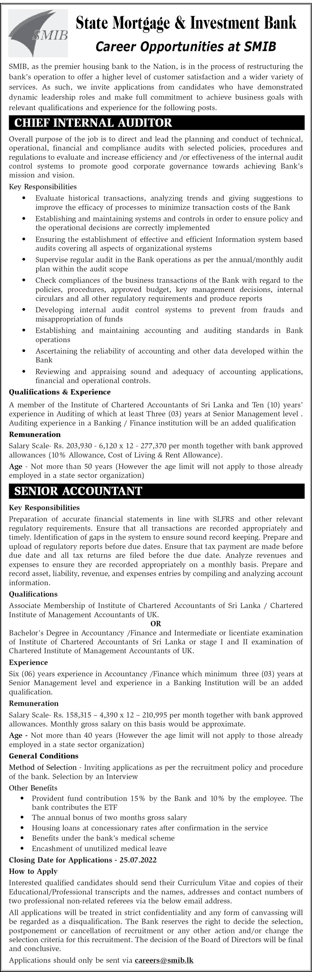 Chief Internal Auditor, Senior Accountant - State Mortgage and investment bank