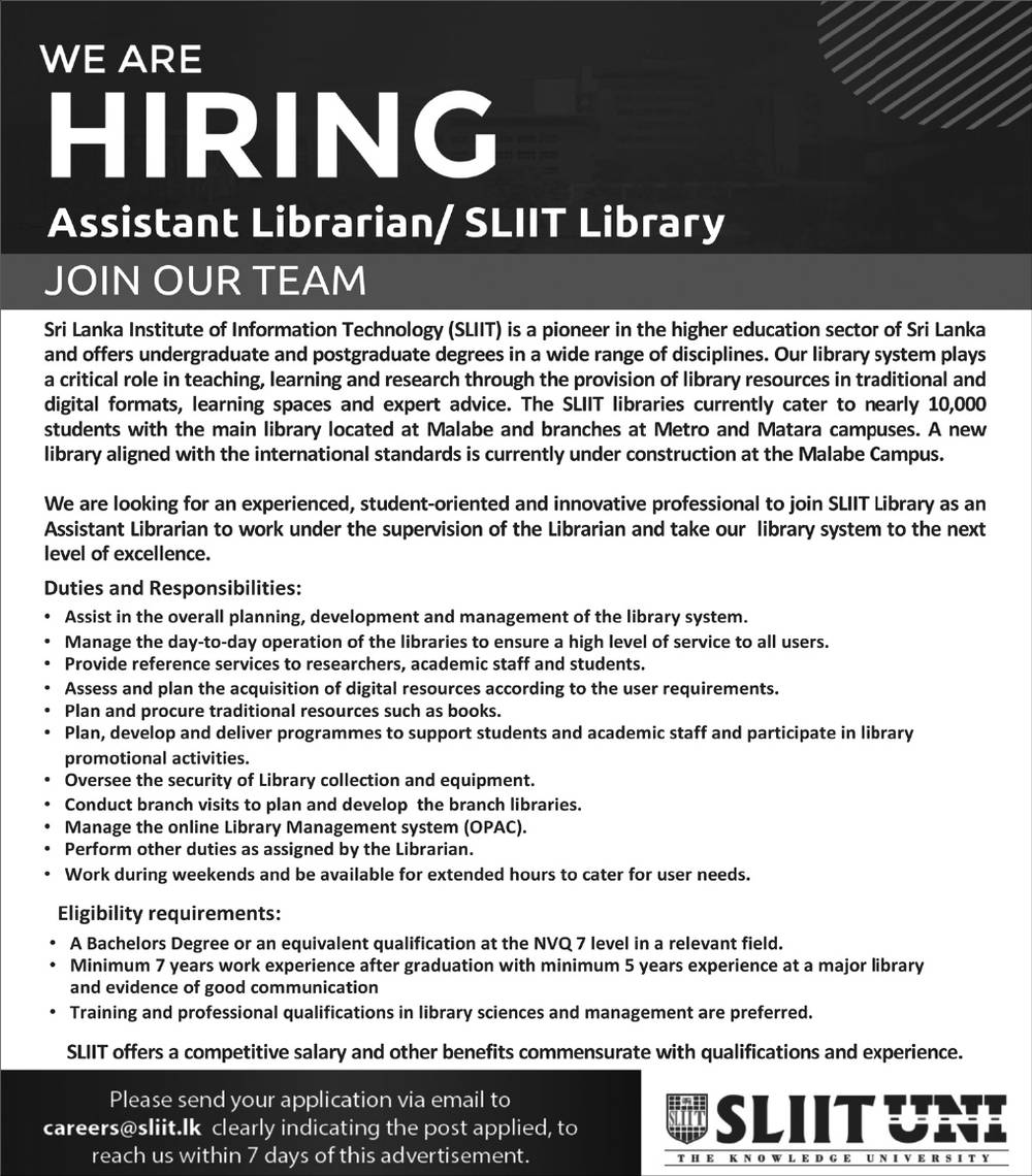 Assistant Librarian - SLIIT - Sri Lanka Institute of Information Technology