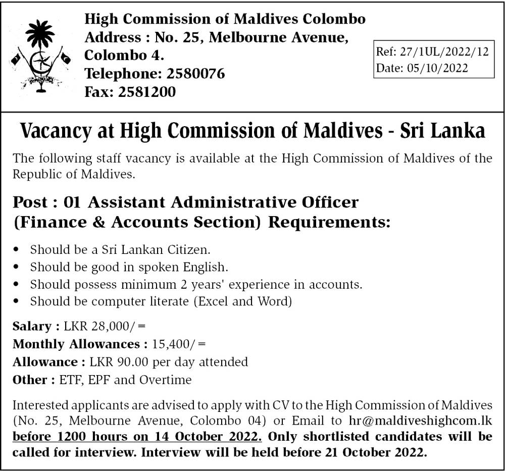 Assistant Administrative officer - High commission of Maldives Colombo