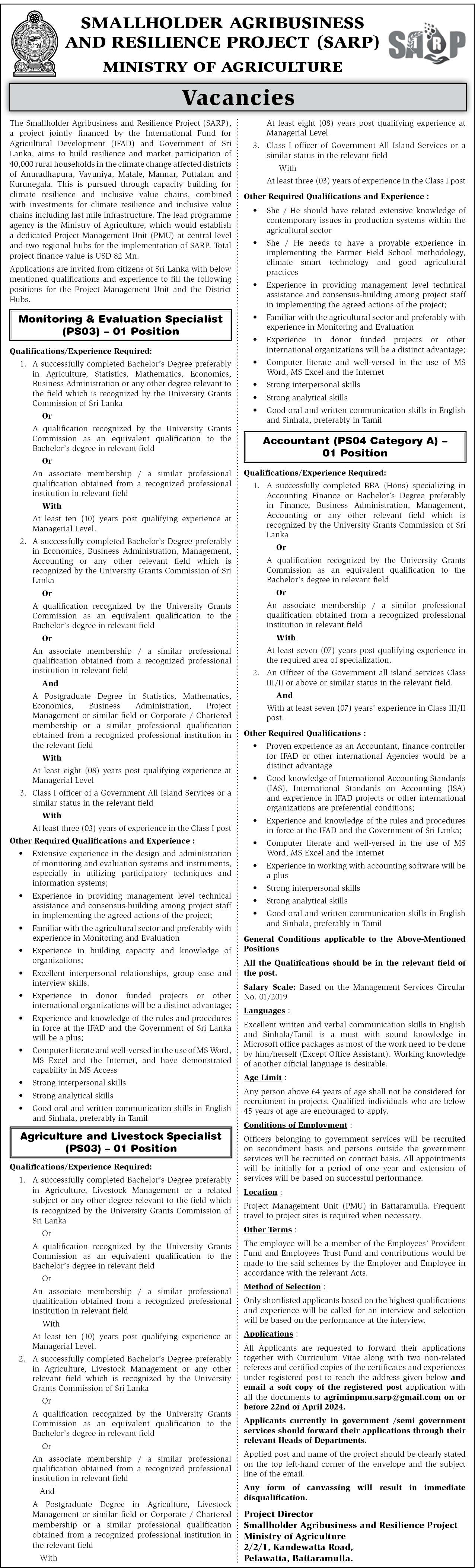 Monitoring and Evaluation Specialist, Agriculture and Livestock Specialist, Accountant - Ministry of Agriculture
