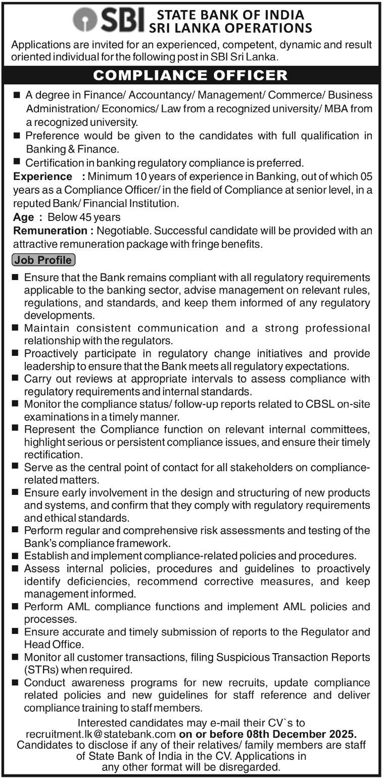 Compliance Officer - State Bank of India