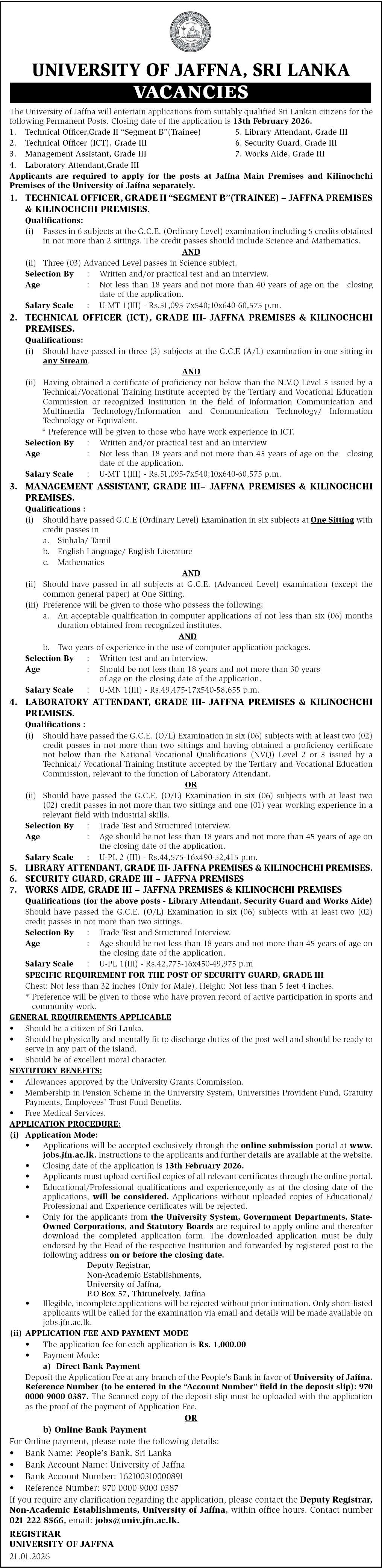 Technical Officer Gr II,  Management Assistant Gr III,  Laboratory Attendant Gr III, Library Attendant,  Security Guard, work Aide  - University of Jaffna, Sri Lanka