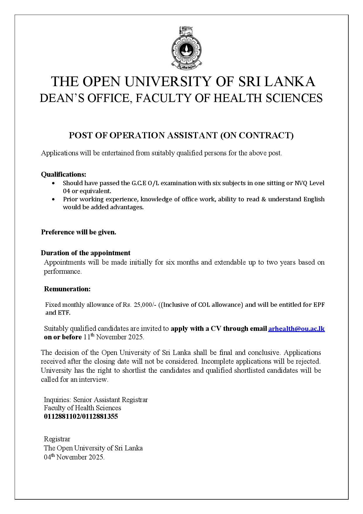 Operation Assistant - The Open university of sri lanka