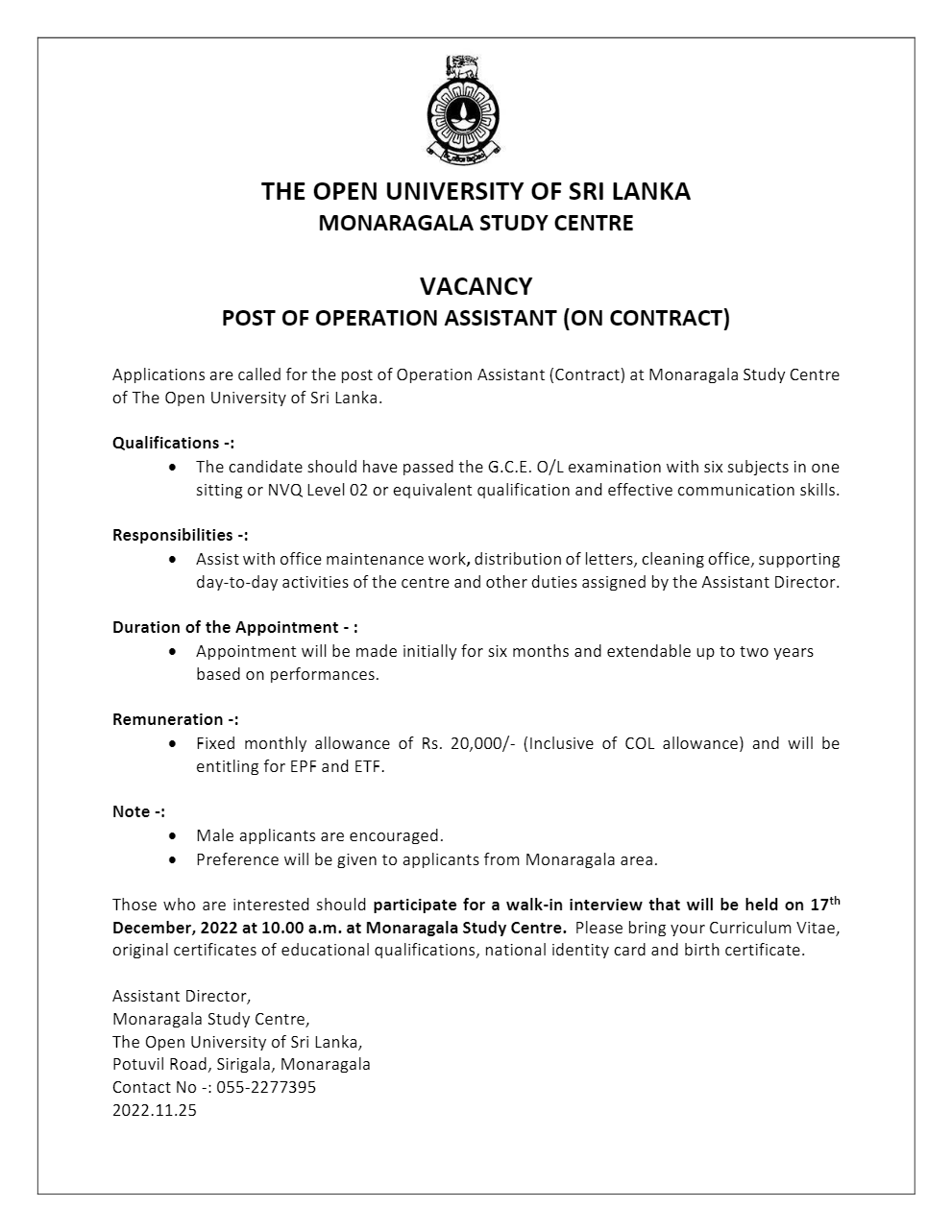 Operation Assistant - Open University of Sri Lanka