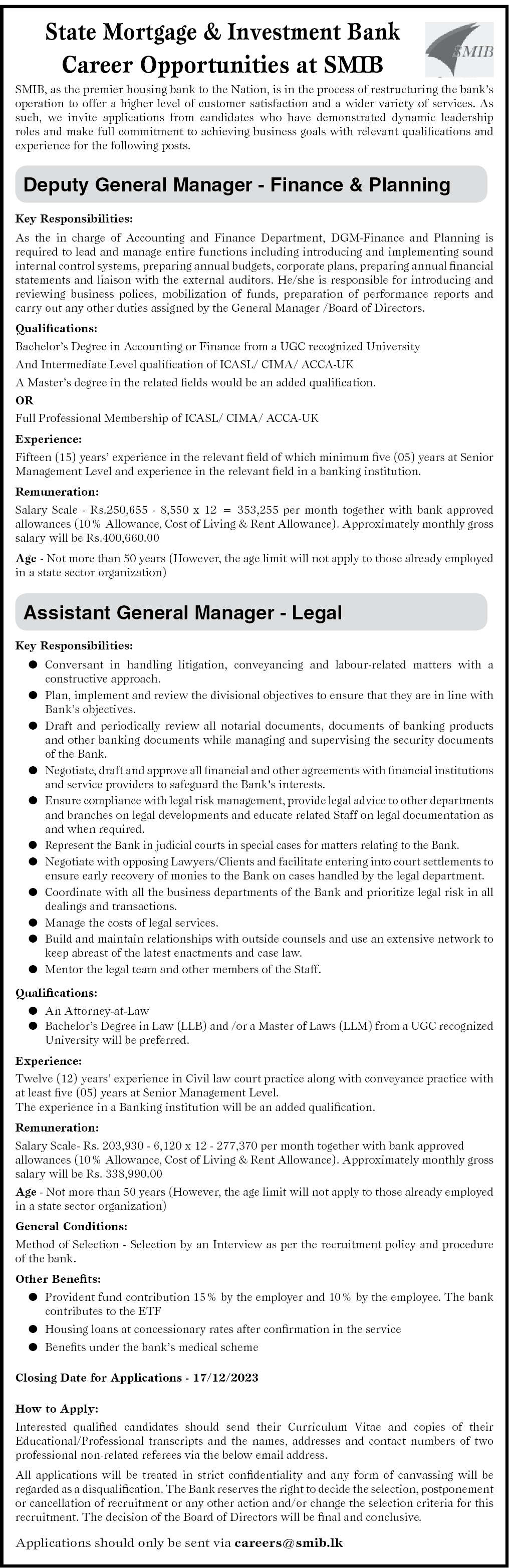 Deputy General Manager, Assistant General Manager  - State Mortgage and investment Bank