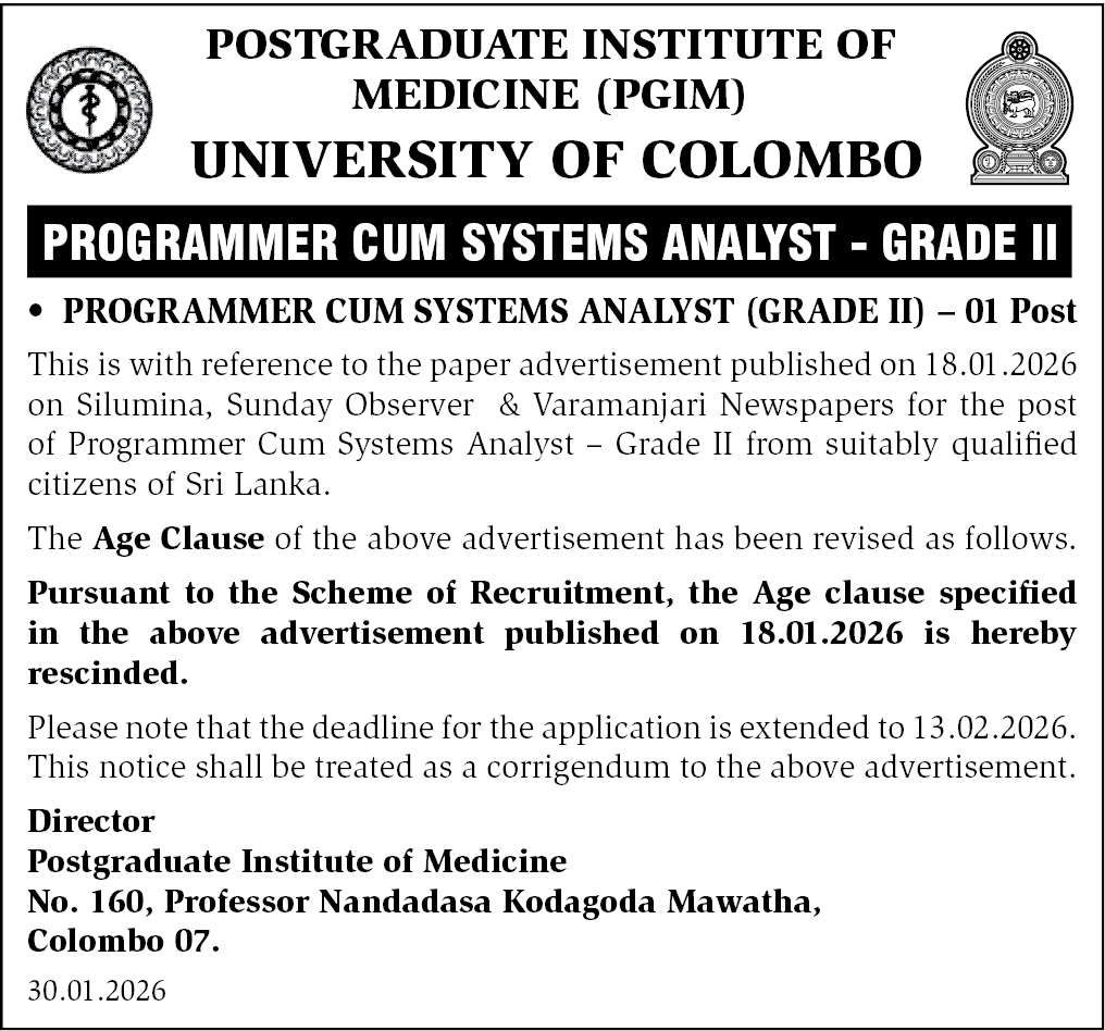Programmer Cum System Analyst - University of Colombo
