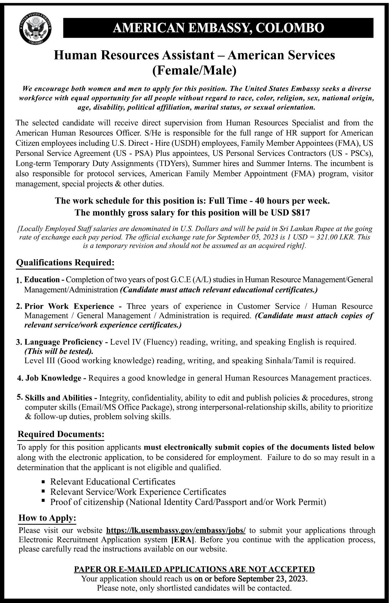 Human Resource Assistant - American Embassy, Colombo