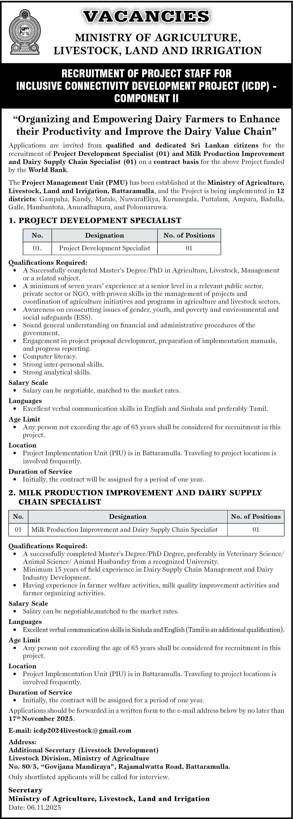 Project Development Specialist, Milk Production Improvement and Dairy Supply Chain Specialist - Ministry of Agriculture, Livestock, Land and irrigation  