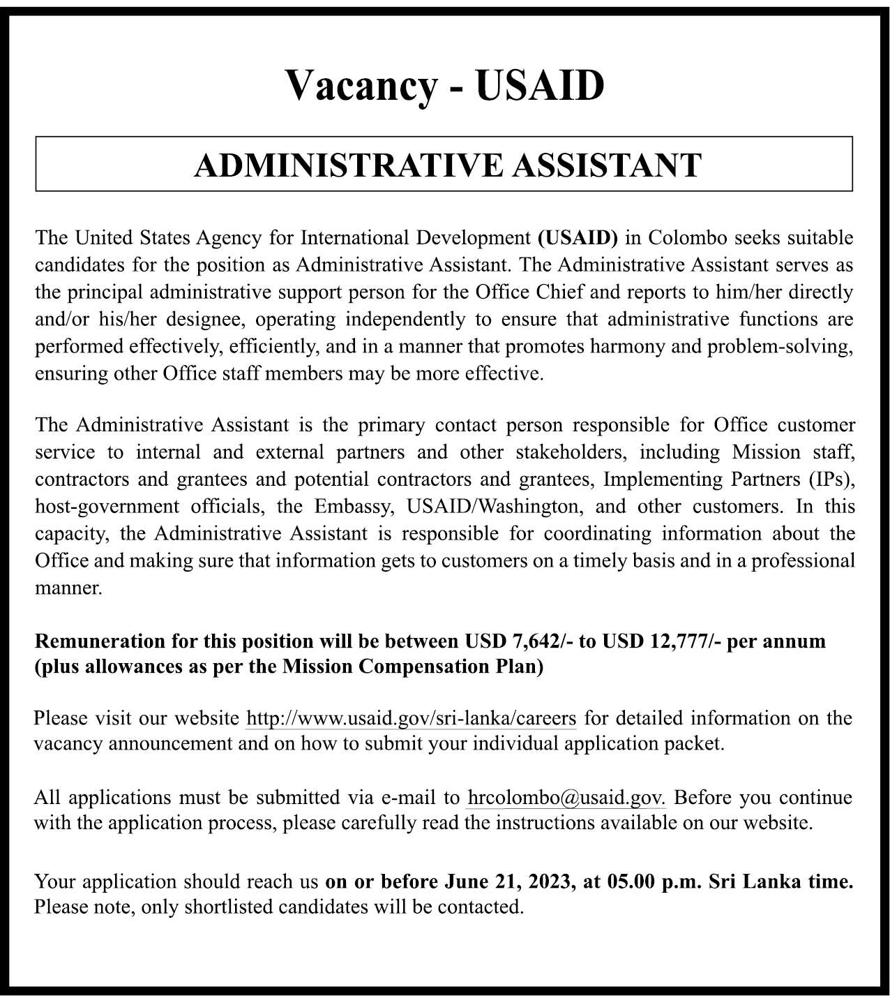 Administrative Assistant - USAID