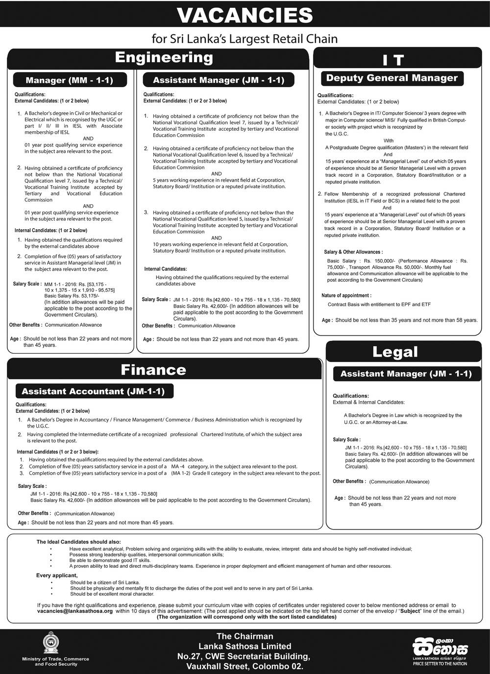 Manager, Assistant Manager, Deputy General Manager, Assistant Accountant - Lanka Sathosa Limited