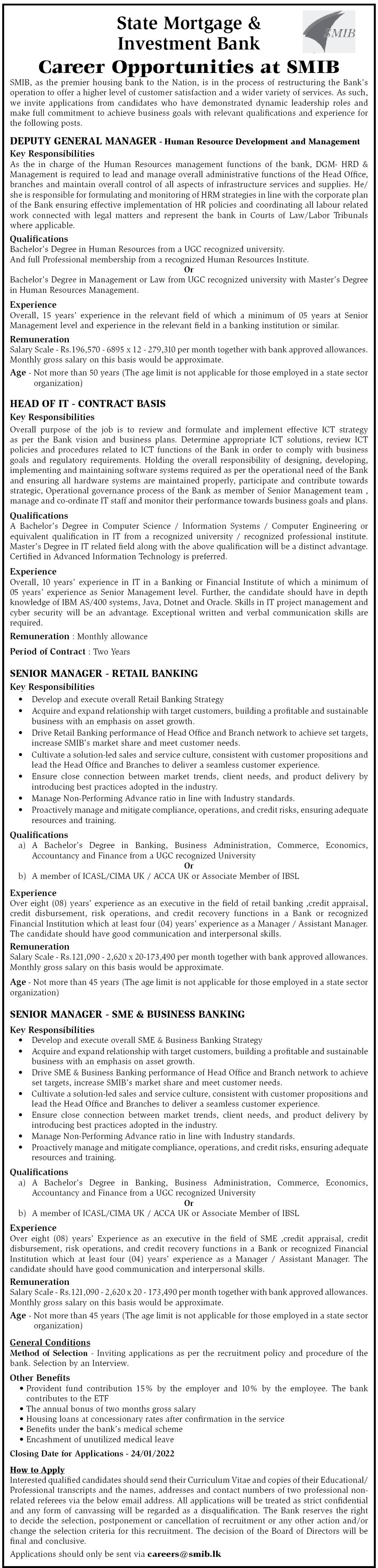 Deputy General Manager, Head of IT, Senior Manager - State Mortgage and investment Bank